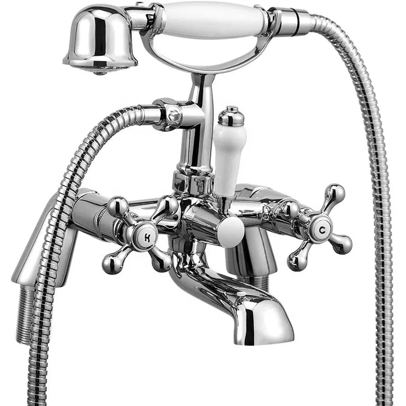 Traditional Bath Shower Mixer with Cross Handles and Hand Shower