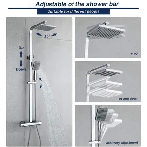 Chrome Adjustable-Height Shower Column with Square Rain Head and Mixer