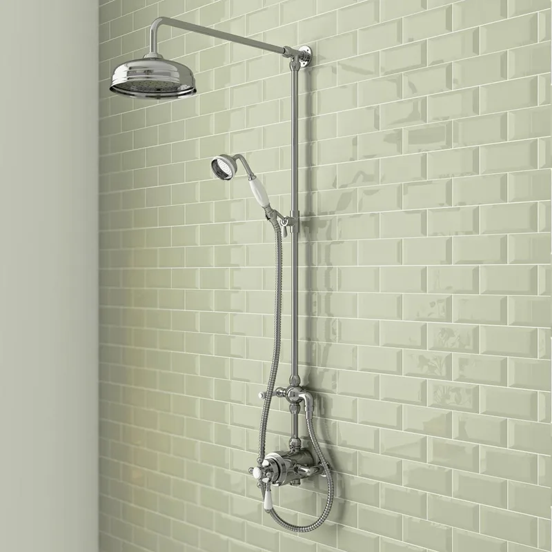 Traditional Chrome Rigid Riser Shower with Rain Head, Handset and Exposed Valve