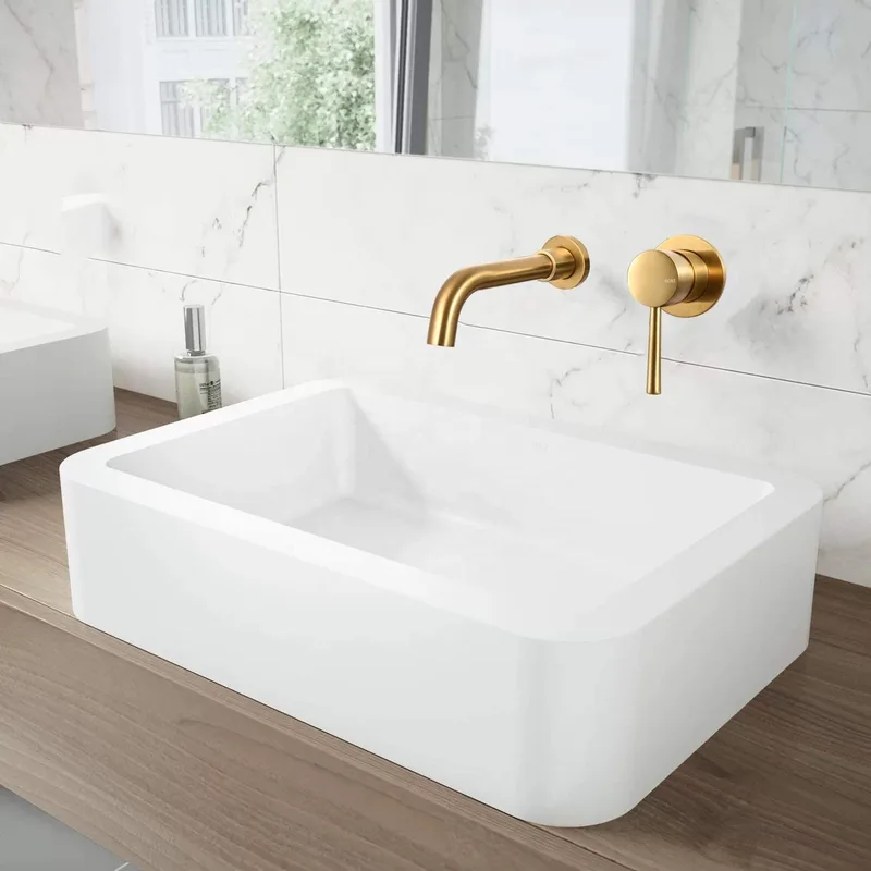 Brushed Gold Wall-Mounted Basin Spout and Lever Mixer