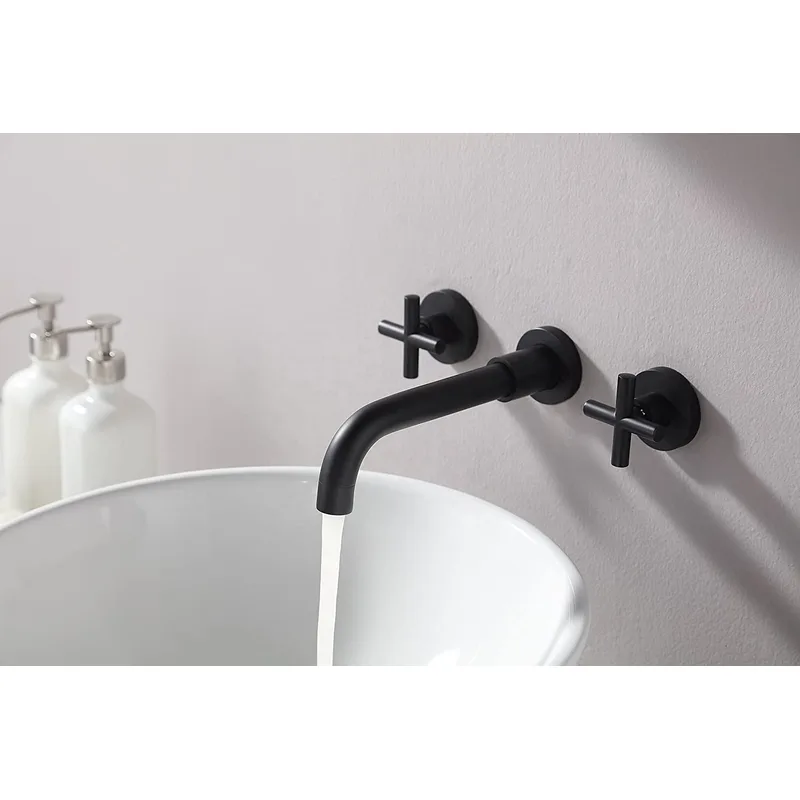 Matte Black Wall-Mounted Basin Mixer with Cross Handles and Concealed Valve – photo 2