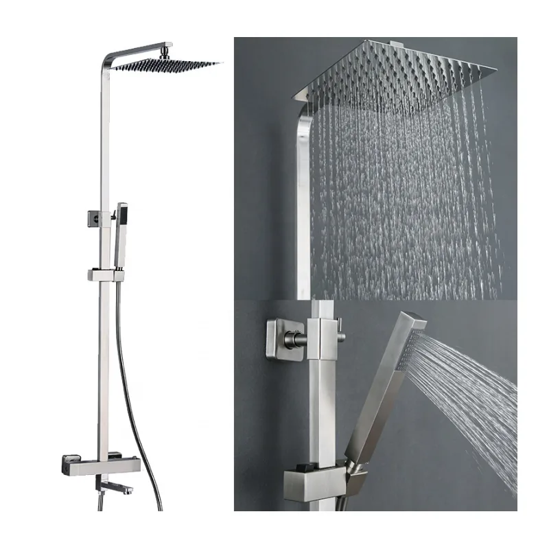 Square Exposed Shower System with Rain Head, Hand Shower and Bath Spout